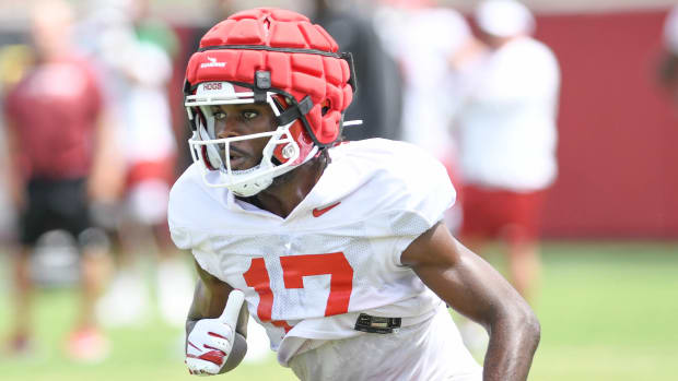 Razorbacks wide receiver Sam Mbake at practice on the outdoor fields.